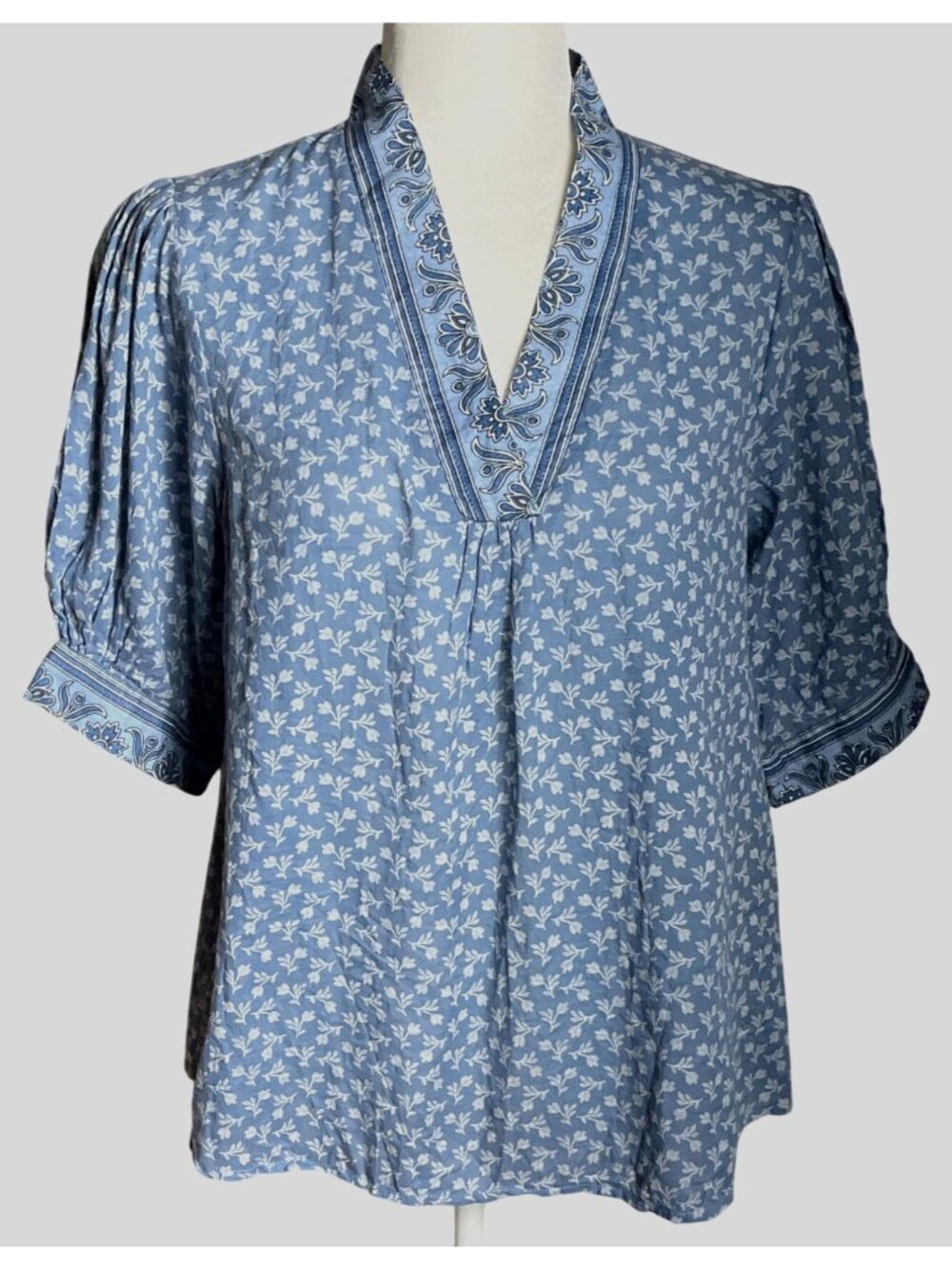 April Cornell Kenna Blouse Slate Blue Puff Sleeve Boho Cottagecore Womens XXS